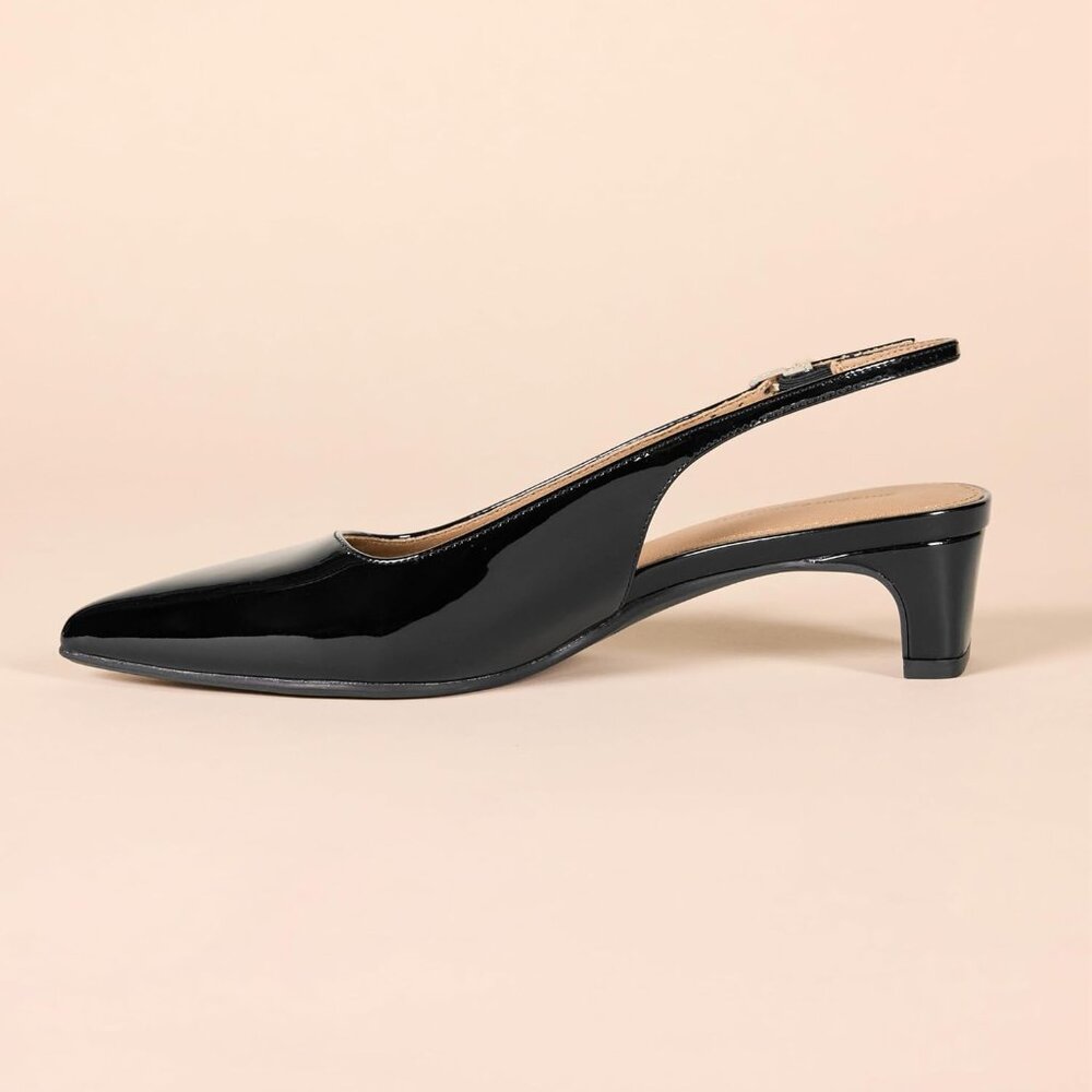 Women's Black Patent Pointed Toe Imported Slingback Comfort Blocked Heels - Picture 4 of 6